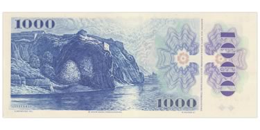 Náhled Reverzní strany - 1000 Kčs bankovka 1985, kolek lep. - stav UNC.