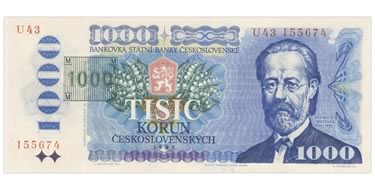 Náhled Averzní strany - 1000 Kčs bankovka 1985, kolek tisk - stav UNC.