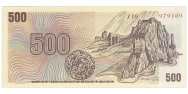 Náhled Reverzní strany - 500 Kčs bankovka 1973, kolek lep. - stav UNC.